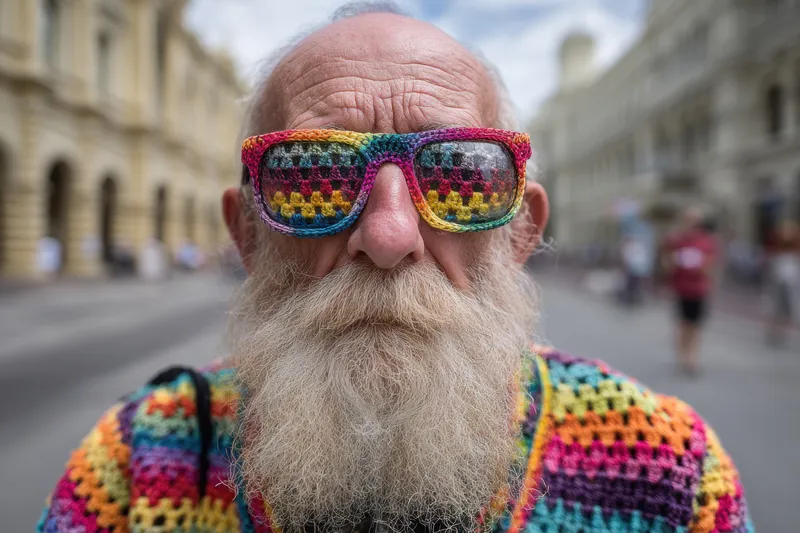Яркая, игривая сцена запечатлевает смелый стиль, жизнерадостное настроение и энергию уличной фотографии на фоне городской суеты, вызывая у зрителей любопытство, теплоту и дружелюбное настроение