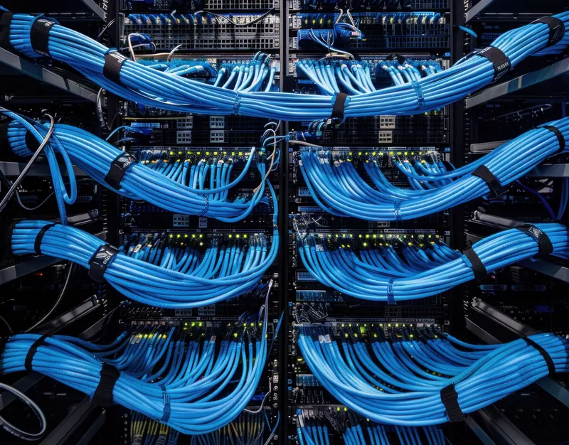 Детальный вид аккуратно уложенных синих Ethernet-кабелей в серверной стойке, подчеркивающий сложность сетевой инфраструктуры на темном фоне