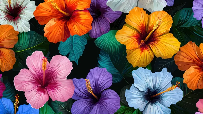 Потрясающий набор цветов гибискуса в оттенках розового, фиолетового, оранжевого и синего на фоне темной листвы, олицетворяющий тропическую красоту и свежесть