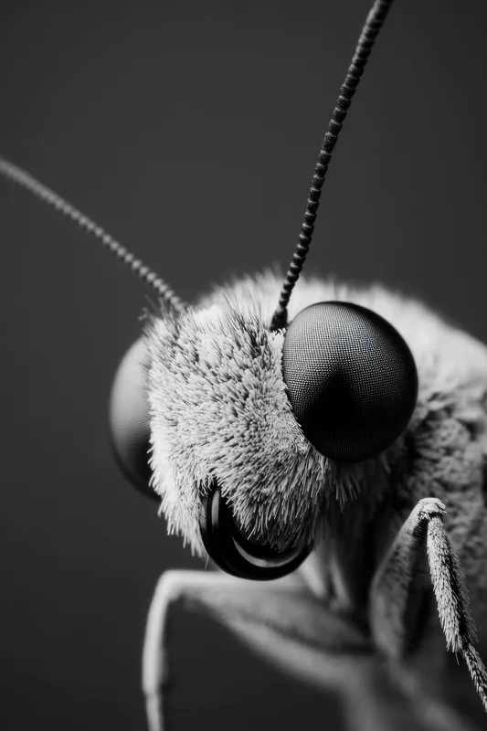 Выразительная черно-белая фотография насекомого крупным планом с выдающимися глазами, подчеркивающая его тонкие текстуры и структуры