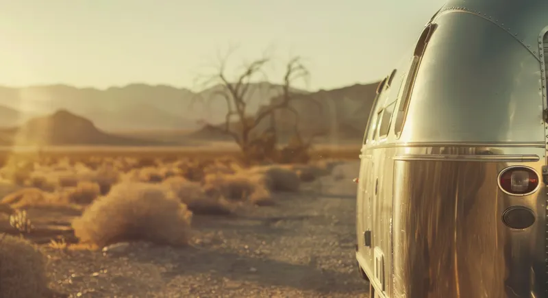 Пустынное приключение: трейлер Airstream на закате на фоне гор