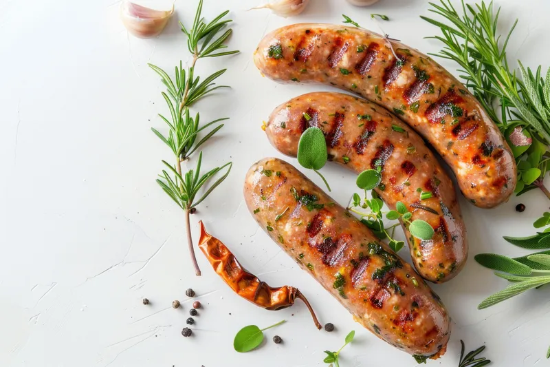 Сочные жареные сосиски в сопровождении розмарина, чеснока и специй, красиво представленные на белой поверхности