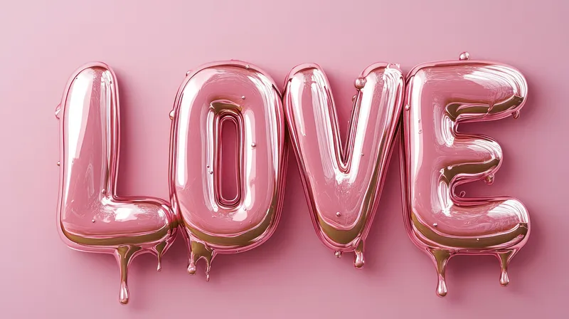 Яркие розовые буквы-шары, составляющие слово LOVE, на мягком розовом фоне