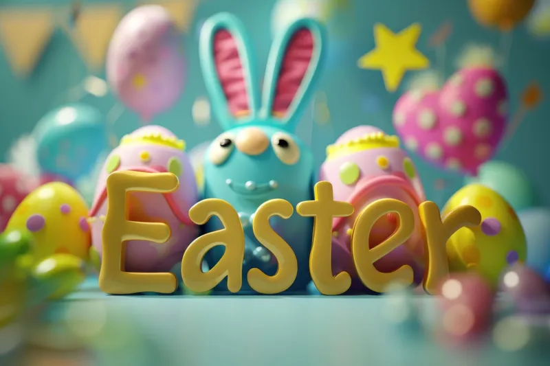 3D-надпись Easter с разноцветными яйцами и воздушными шарами на синем фоне