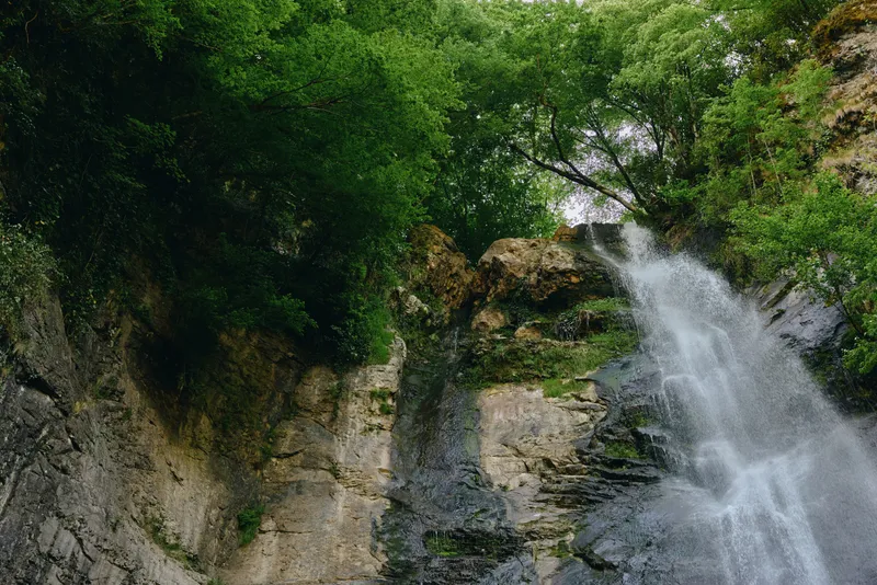 Waterfall cascading down rocky cliffs surrounded by lush green forest in a serene natural landscape with sunlight filtering through dense foliage.