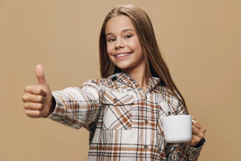 Girl holding white mug and showing thumbs up hand gesture with happy smile on beige background. Teenager wearing plaid shirt and expressing approval and positive mood.