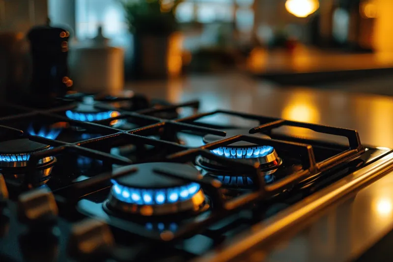 Красиво освещенная кухня с крупным планом газовой плиты с яркими синими языками пламени