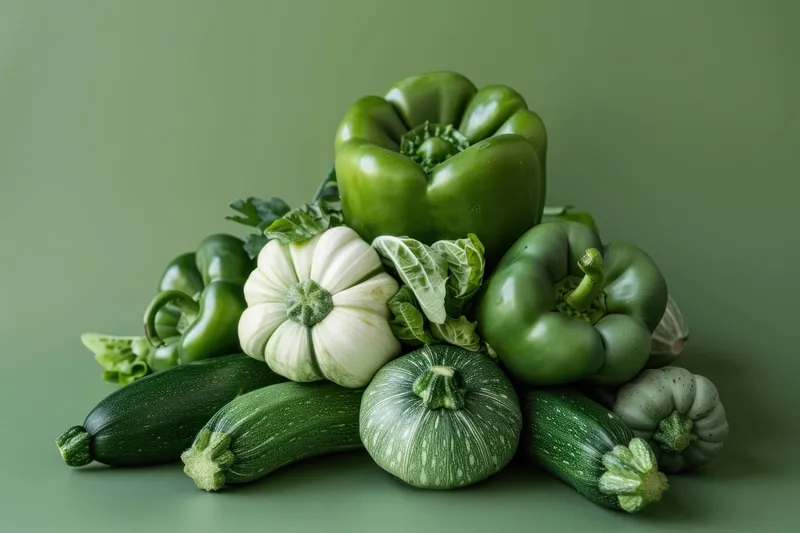 Яркая композиция из различных зеленых овощей, таких как болгарский перец, цукини и капуста, на равномерно окрашенном зеленом фоне, подчеркивающая свежесть и здоровое питание