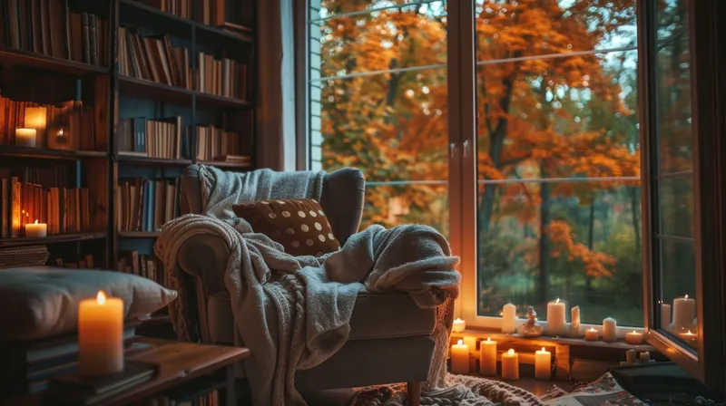 Уютное кресло, укрытое пледами, в окружении книг, свечей и осенней листвы, виднеющейся за окном