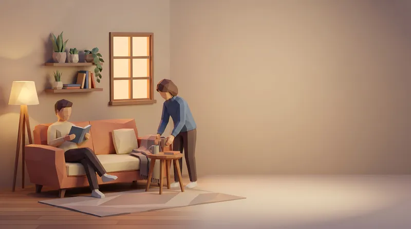 Минималистичная сцена гостиной в стиле low poly с двумя людьми, теплым вечерним светом и большим пространством для текста, предназначенная для маркетинга товаров для дома