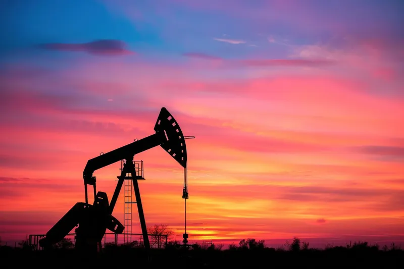 Силуэт нефтяной качалки на фоне потрясающего заката с красочными облаками, символизирующий добычу энергии