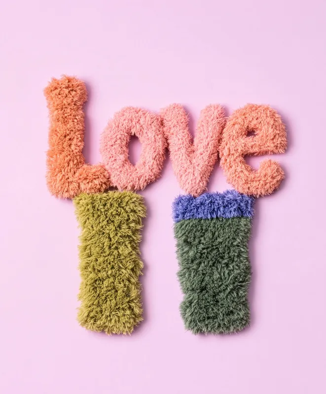 Игривая и красочная типографика слова «Love», выполненная из мягких текстур, идеально подходит для декора, поделок или сезонных праздников, на светло-розовом фоне
