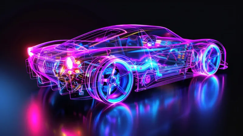 Светящийся контур высокопроизводительного спортивного автомобиля с неоновыми синими и розовыми огнями, подчеркивающий его аэродинамическую форму на черном фоне