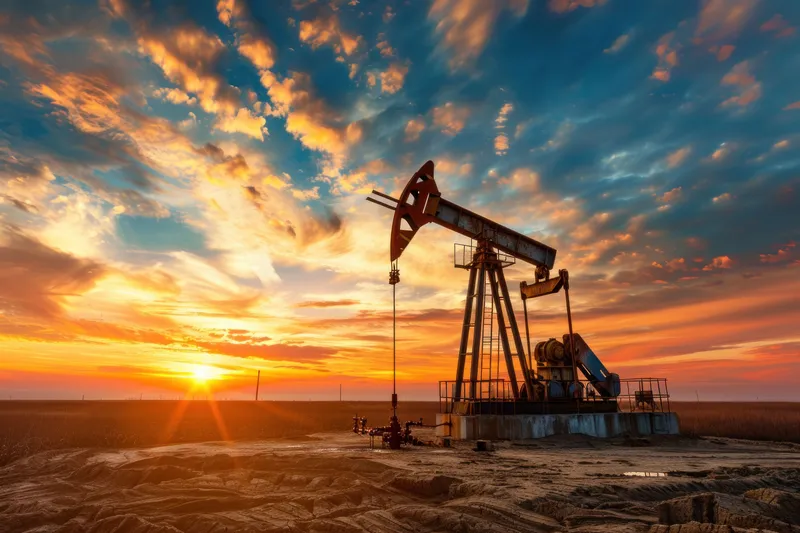 Нефтяная качалка возвышается на фоне потрясающего заката, красочные облака освещают небо, символизируя добычу нефти и ее воздействие на окружающую среду