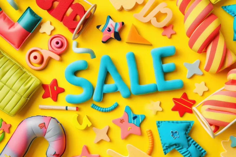 Разноцветные игрушки и товары со скидкой окружают слово «sale» на жёлтом фоне