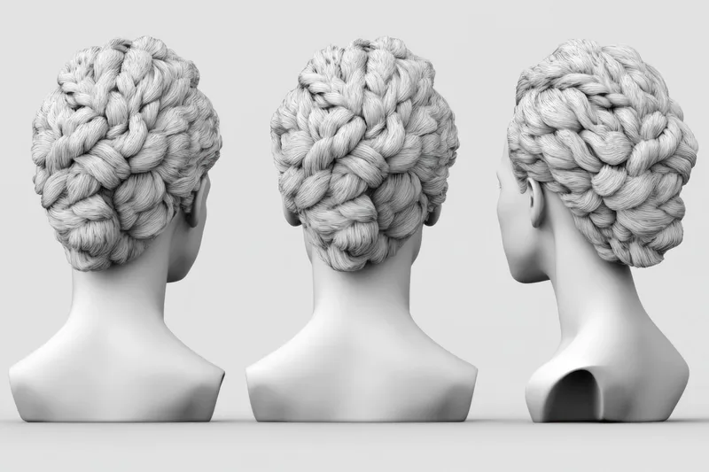 Эта элегантная черно-белая 3D-иллюстрация демонстрирует женскую прическу с косами с трех ракурсов, подчеркивая замысловатые косы, гладкую текстуру и современные идеи причесок