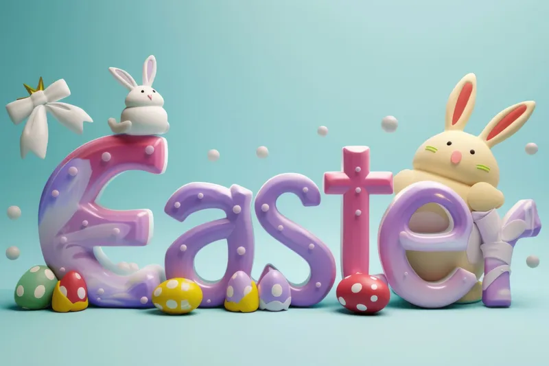 Декоративная 3D-иллюстрация слова Easter на ярком синем фоне, идеально подходящая для праздничного дизайна