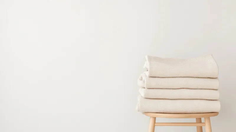 Мирная композиция из мягких бежевых полотенец на деревянной табуретке, идеально подходящая для тем спа и релаксации, вызывающая чувства комфорта, чистоты и безмятежности