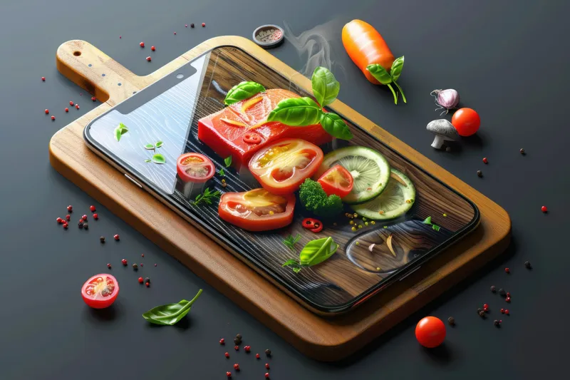 Разделочная доска с овощами, ингредиентами и iPhone сверху для концепции приготовления рецепта