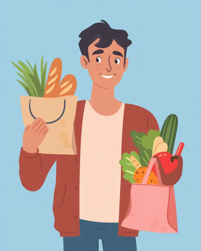 Мужчина с пакетом продуктов и бумажным пакетом с овощами и хлебом для здорового питания по пути домой