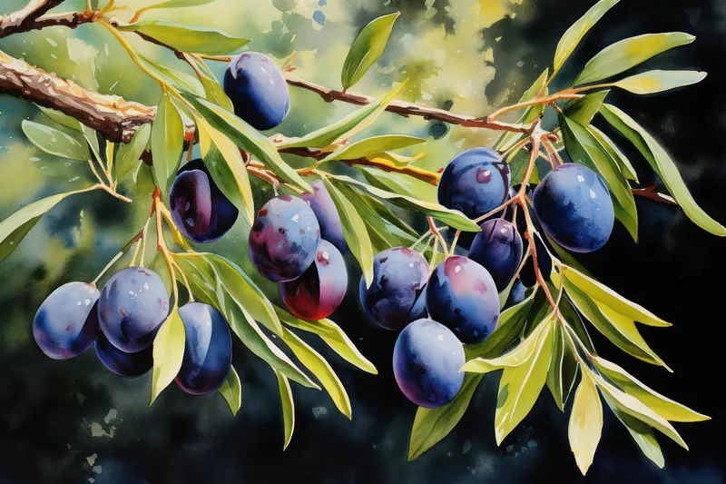 Фон, зеленая ветка сливы, фрукты, листья, лето, сладкая еда, фиолетовый, природа, свежий, органический, синий, спелый, дерево, урожай, сад, здоровое растение