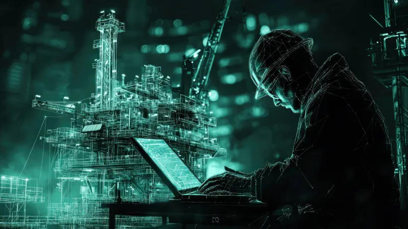 Сюрреалистическая темно-зеленая иллюстрация инженера в каске, сосредоточенно работающего за ноутбуком на фоне абстрактного изображения нефтяной вышки, подчеркивающая роль технологий и инноваций в…