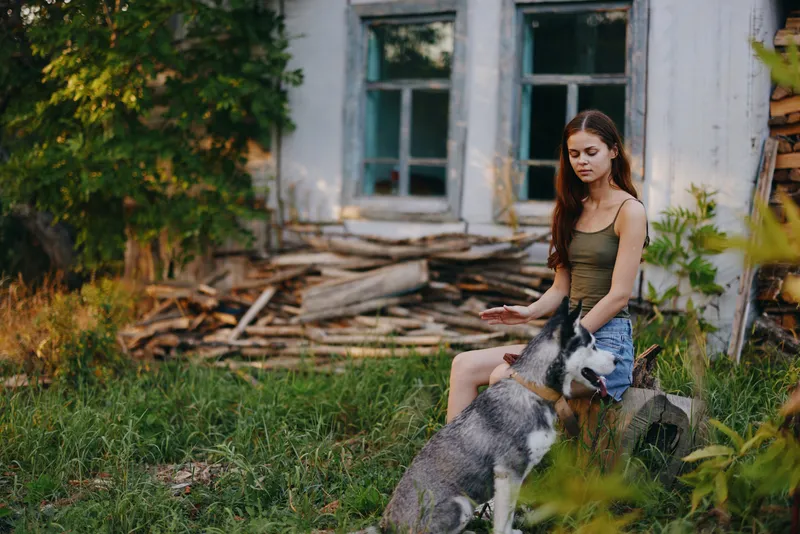 Женщина и её собака породы хаски весело играют на свежем воздухе в парке среди деревьев