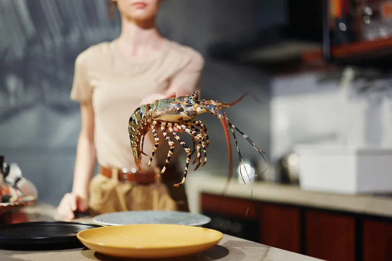 Женщина готовит вкусное блюдо из лобстера на современной кухне; на столе стоит миска с едой