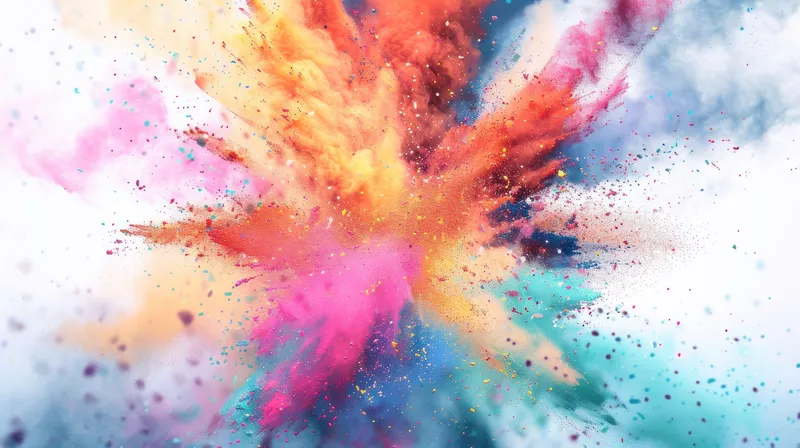 Яркий взрыв разноцветной пудры в воздухе на чистом белом фоне для праздничных и динамичных визуальных эффектов