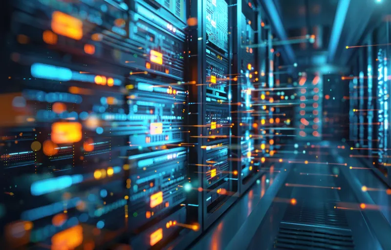 Интерьер футуристического центра обработки данных с подсвеченными серверными стойками и цифровым потоком данных в темной обстановке