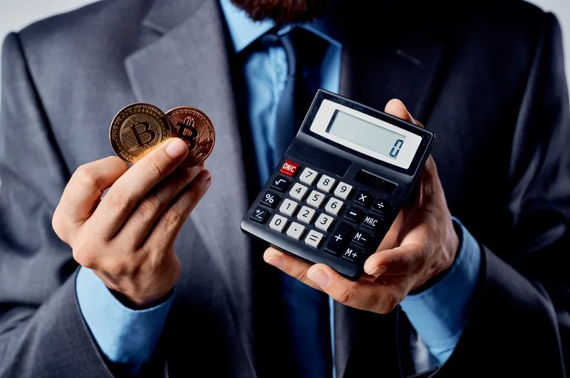 Бизнесмены с калькулятором и биткоином в руках, подсчитывающие финансы на светлом фоне
