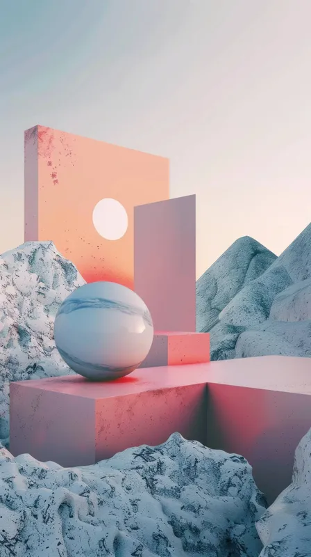 Визуально поразительная 3D-сцена, демонстрирующая мягкие геометрические формы в розовых и персиковых тонах, подчеркивающая безмятежную современную эстетику со сферическим фокусом