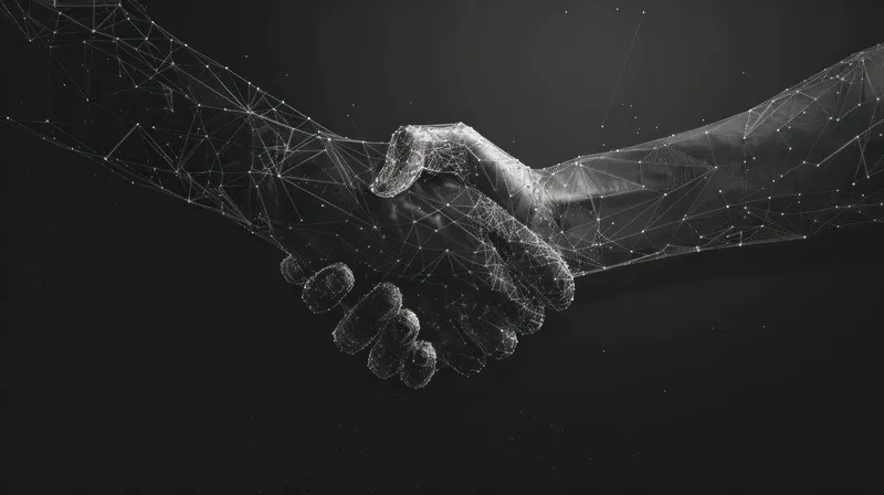 Концептуальное изображение двух пожимающих друг друга рук, символизирующее единство и командную работу, выполненное в геометрическом дизайне
