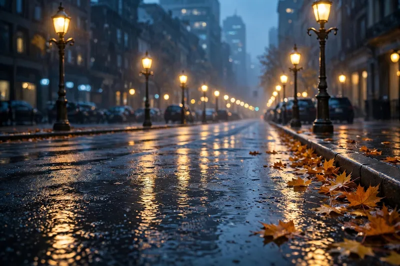Мокрая улица с фонарями и осенними листьями в сумерках