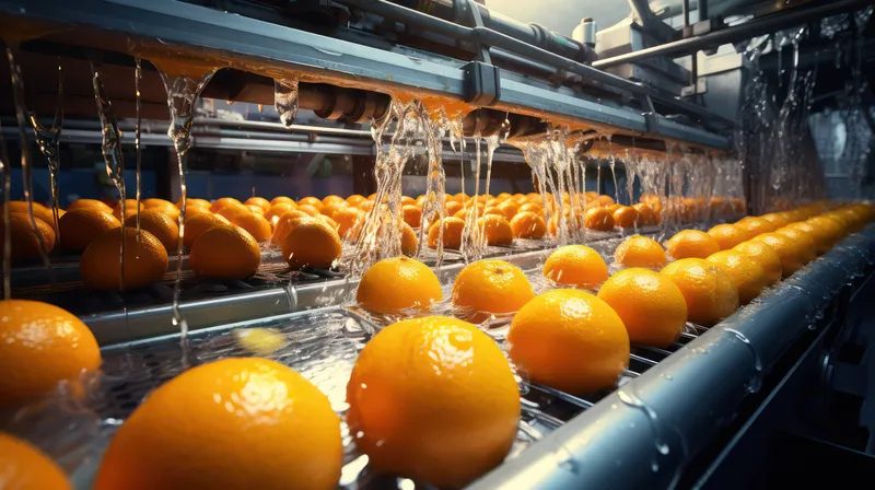 Крупным планом показан процесс производства диетических органических продуктов из красных апельсинов на промышленной линии