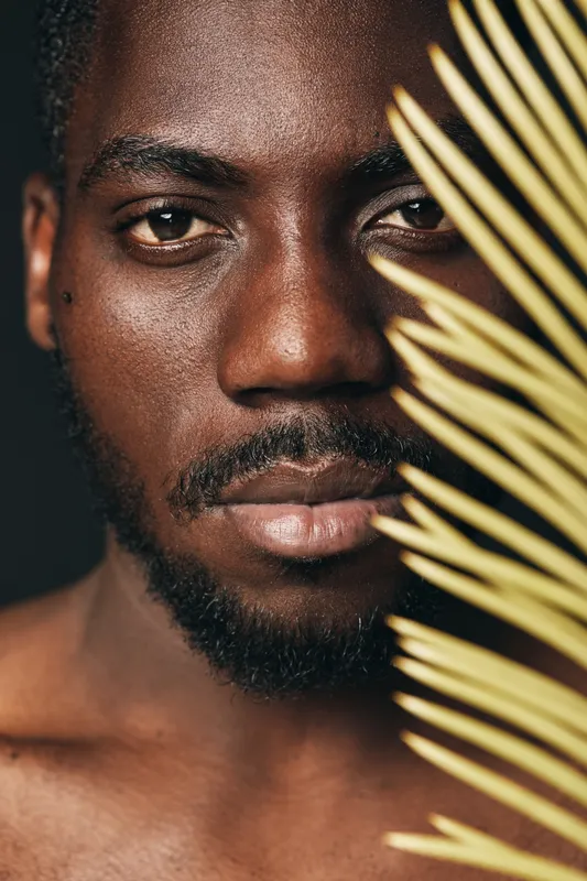 Closeup portrait of African man with dark skin and beard in creative visual design style holding palm leaf, studio lighting and serious expression on face for beauty concept.
