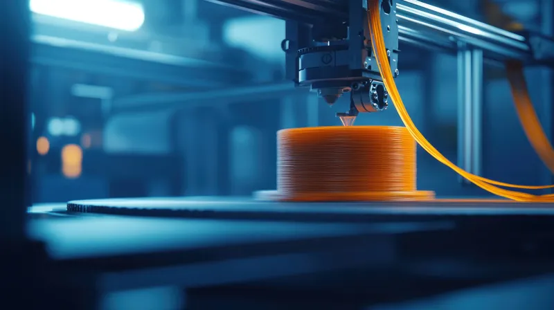 Крупный план работающего 3D-принтера, создающего яркий оранжевый объект, иллюстрирующий передовые технологии и инновации в современной мастерской