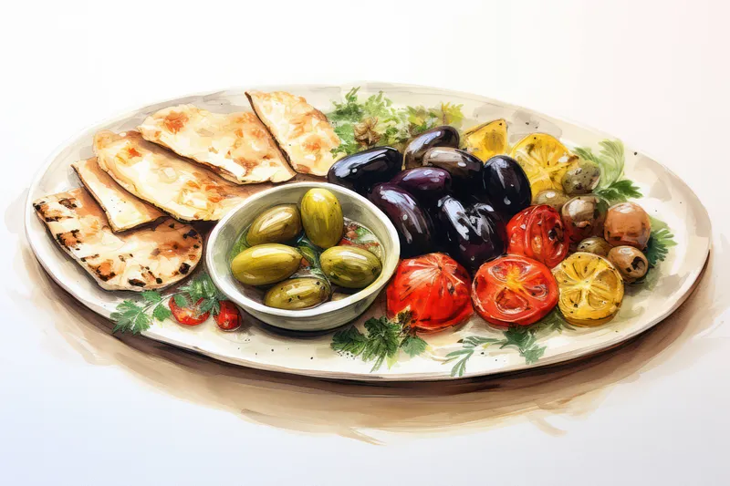 Тарелка с салатом, оливками, хлебом и сыром на обеденном столе