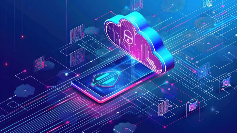 Футуристическая иллюстрация смартфона, подключающегося к яркому облаку, подчеркивающая безопасность данных и цифровые инновации в технологиях