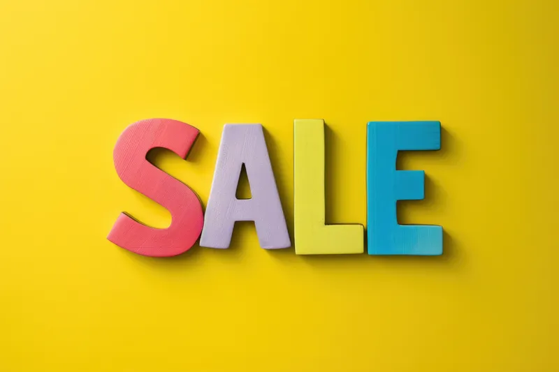Разноцветные деревянные буквы, составляющие слово SALE, на желтом фоне для модного и делового промо-мероприятия