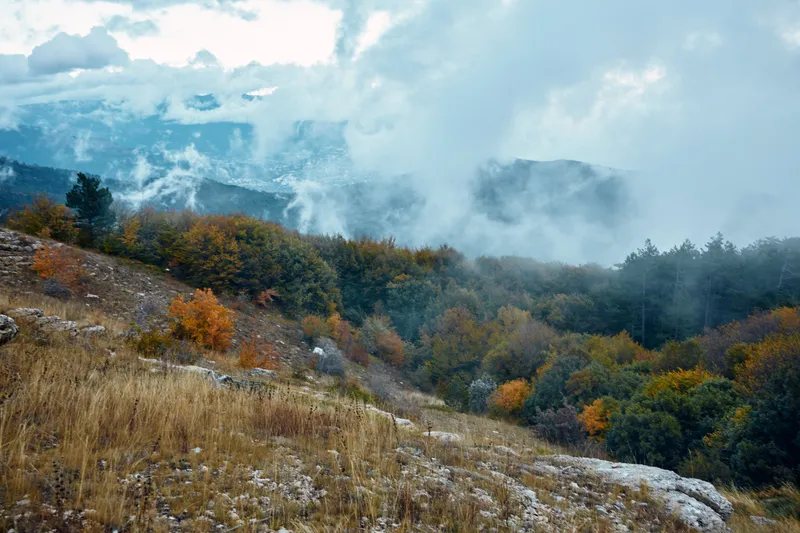 Величественные осенние горы с облаками, поросший деревьями склон холма и голубое небо