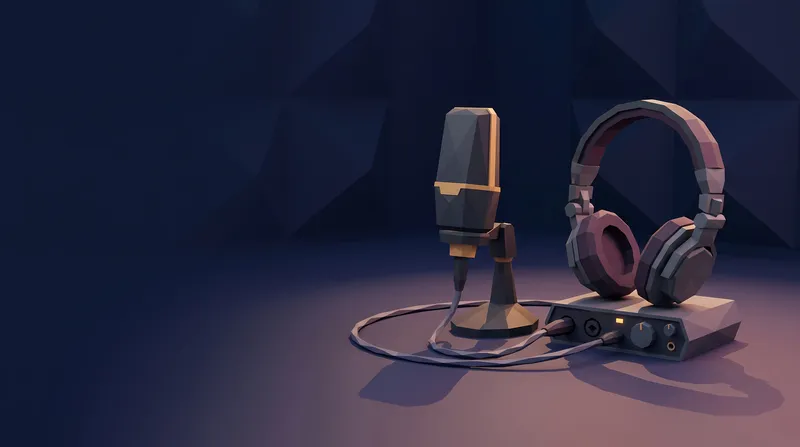 Минималистичная 3D-сцена в стиле low-poly с микрофоном, наушниками и аудиоинтерфейсом в просторном помещении с хорошей акустикой
