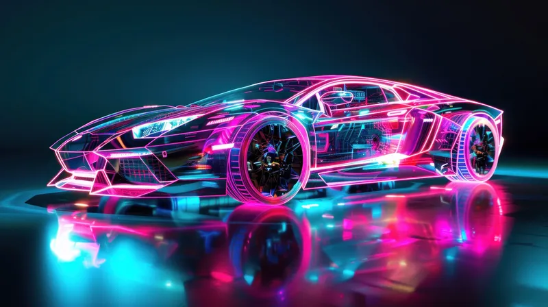 Потрясающая цифровая иллюстрация спортивного автомобиля с неоновой подсветкой на отражающей поверхности с темным фоном