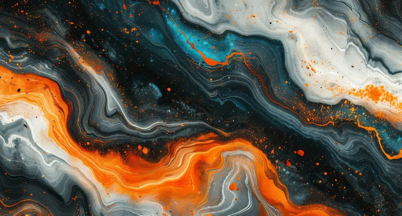 Яркая абстрактная картина с оранжевыми, черными и белыми завитками, создающими динамичную и энергичную композицию