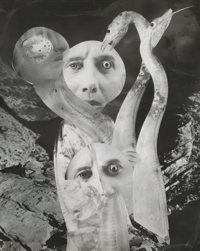Женщина со змеей на голове в черно-белом портретном фото