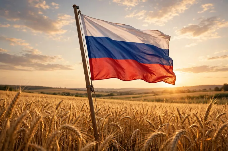 Российский флаг развевается над золотым пшеничным полем на закате