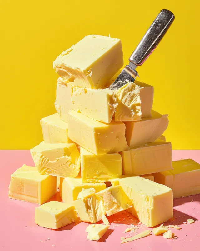 Красочная композиция из кубиков масла с ножом, демонстрирующая игривый контраст желтого и бирюзового цветов