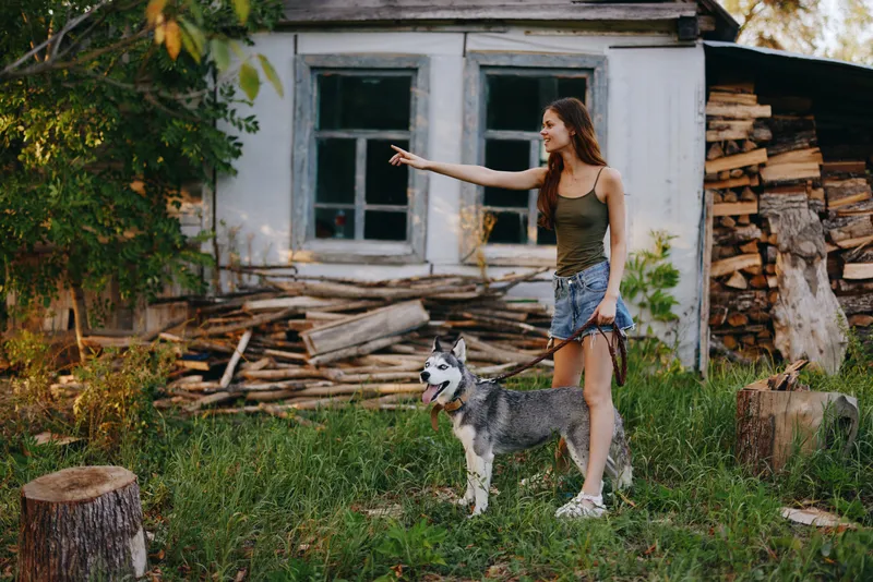 Женщина и её хаски весело играют на свежем воздухе в парке среди деревьев