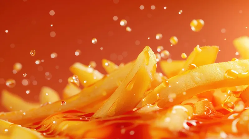 Вкусный золотистый жареный картофель фри с обильной струйкой острого кетчупа сверху