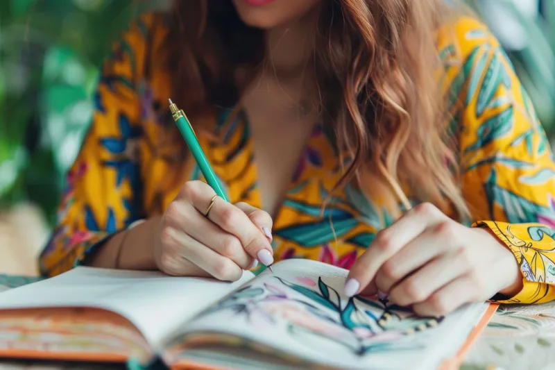 Женщина сидит за столом с книгой и зеленым карандашом в руке, сосредоточенная на чтении и письме